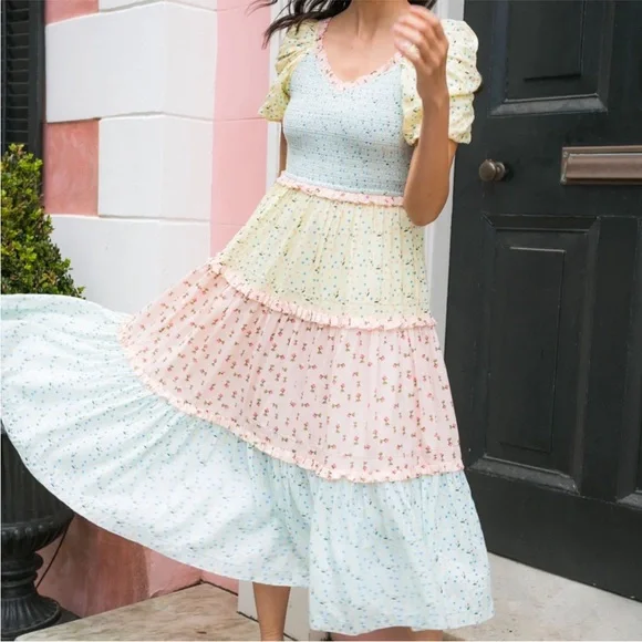 NEW IVY‎ CITY EMILY midi DRESS Tiered Ruffle Smocked Patchwork 5X CottageCore - Picture 2 of 16